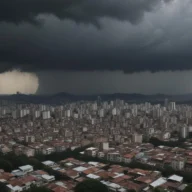 Nuvens escuras de tempestade sobre a cidade, com chuva ao fundo, em fotografia aérea