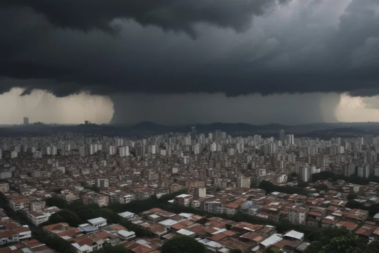 Nuvens escuras de tempestade sobre a cidade, com chuva ao fundo, em fotografia aérea