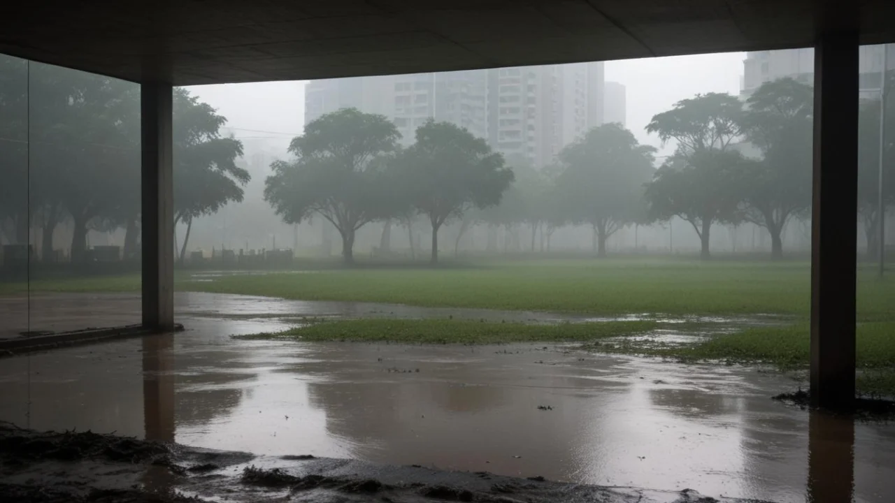 Área alagada após chuva forte, com água acumulada no piso e tempo encoberto