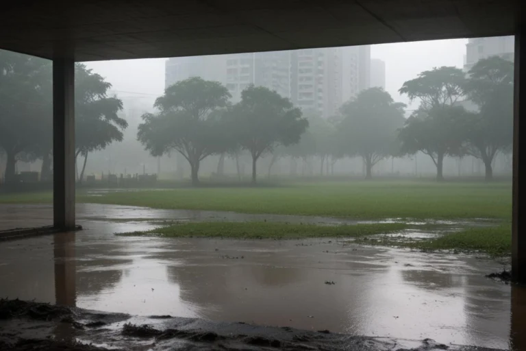 Área alagada após chuva forte, com água acumulada no piso e tempo encoberto