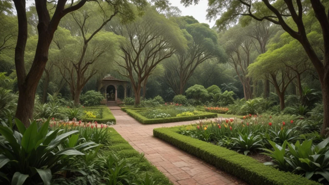 Jardim de santuário em Atibaia, com caminhos arborizados e capela ao fundo.