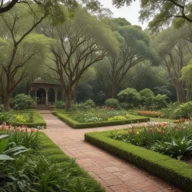 Jardim de santuário em Atibaia, com caminhos arborizados e capela ao fundo.