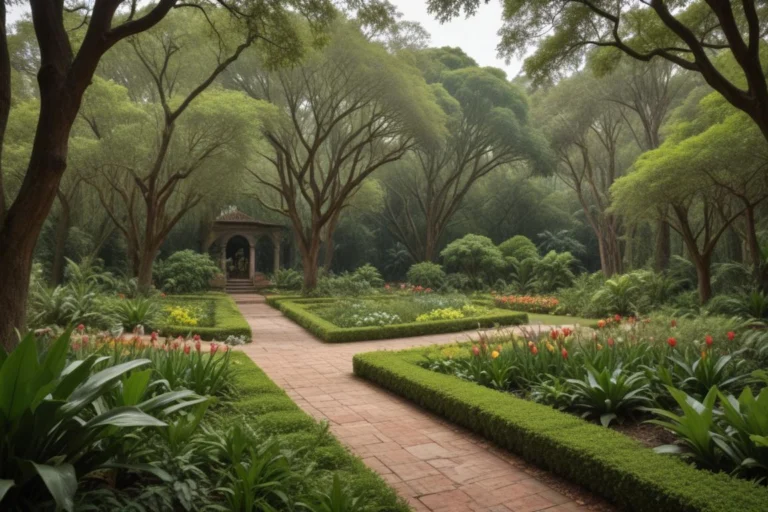 Jardim de santuário em Atibaia, com caminhos arborizados e capela ao fundo.