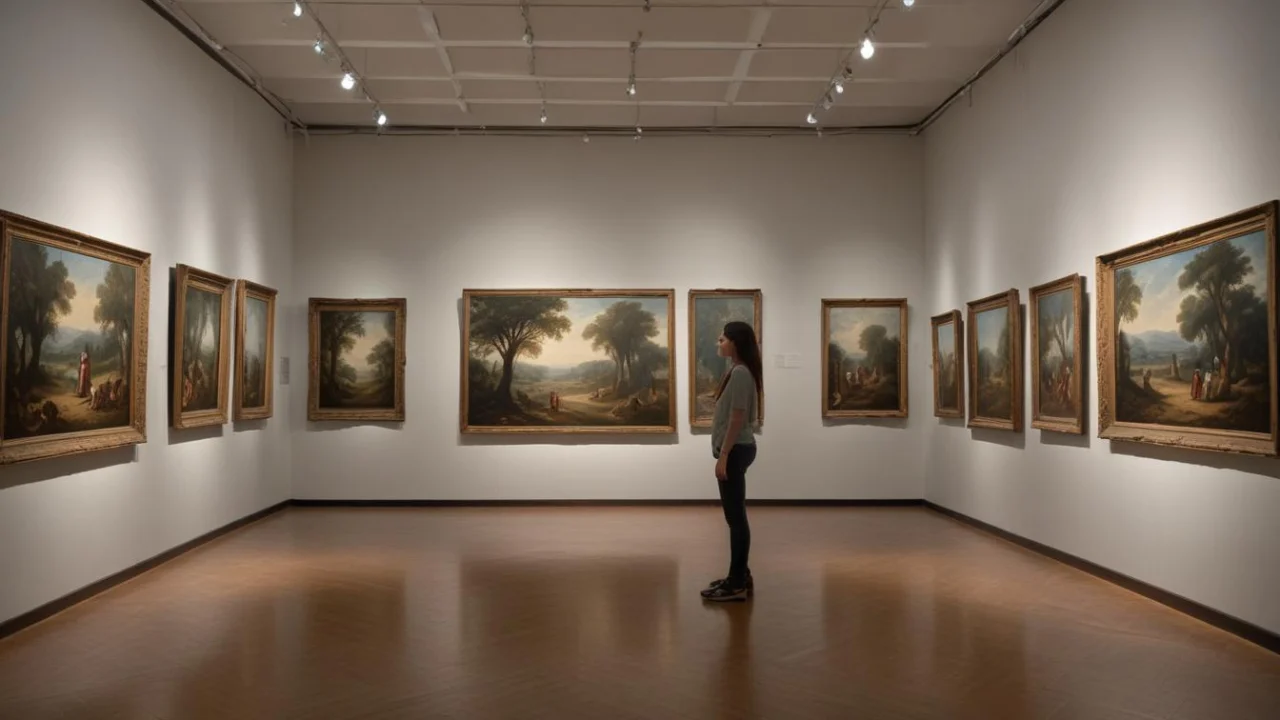 Sala de galeria de arte com quadros emoldurados em paredes brancas e iluminação suave