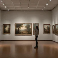 Sala de galeria de arte com quadros emoldurados em paredes brancas e iluminação suave