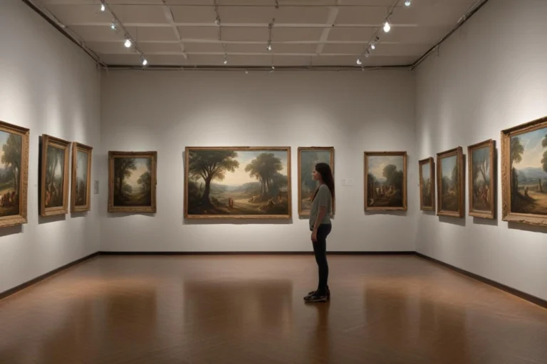 Sala de galeria de arte com quadros emoldurados em paredes brancas e iluminação suave