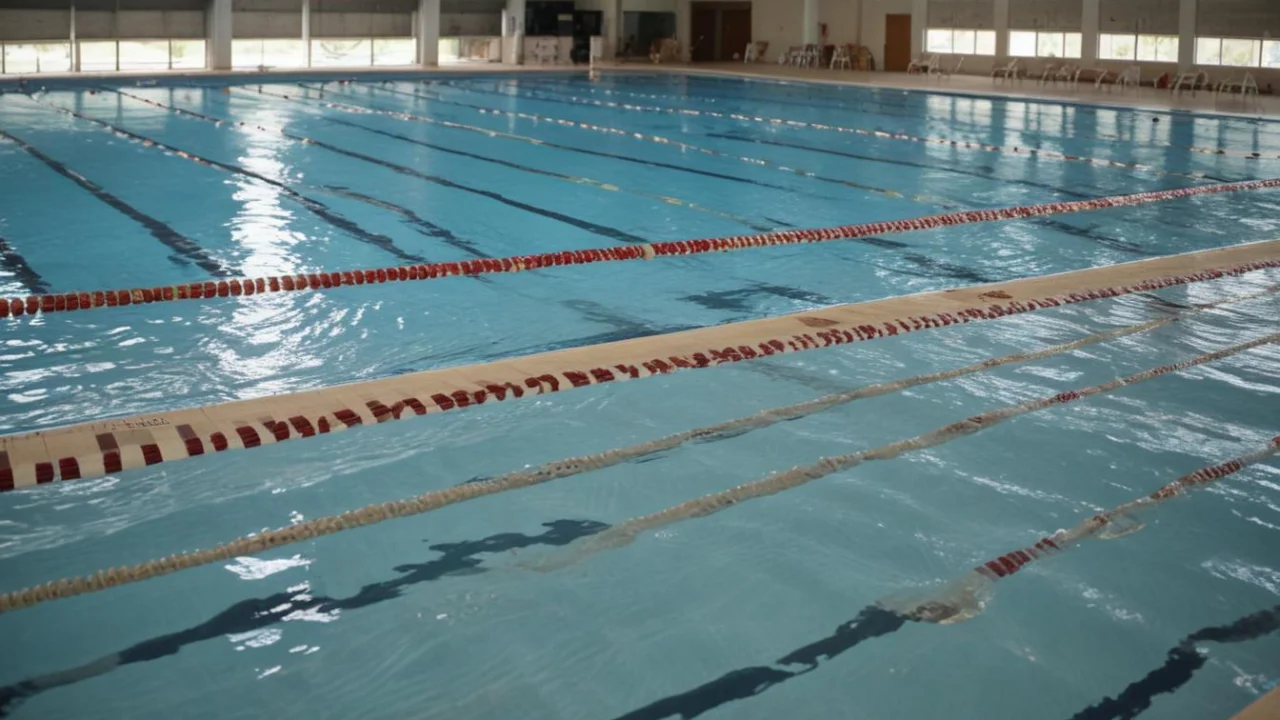 Piscina semiolímpica vazia com raias demarcadas em ginásio esportivo, com luz natural entrando pelas janelas