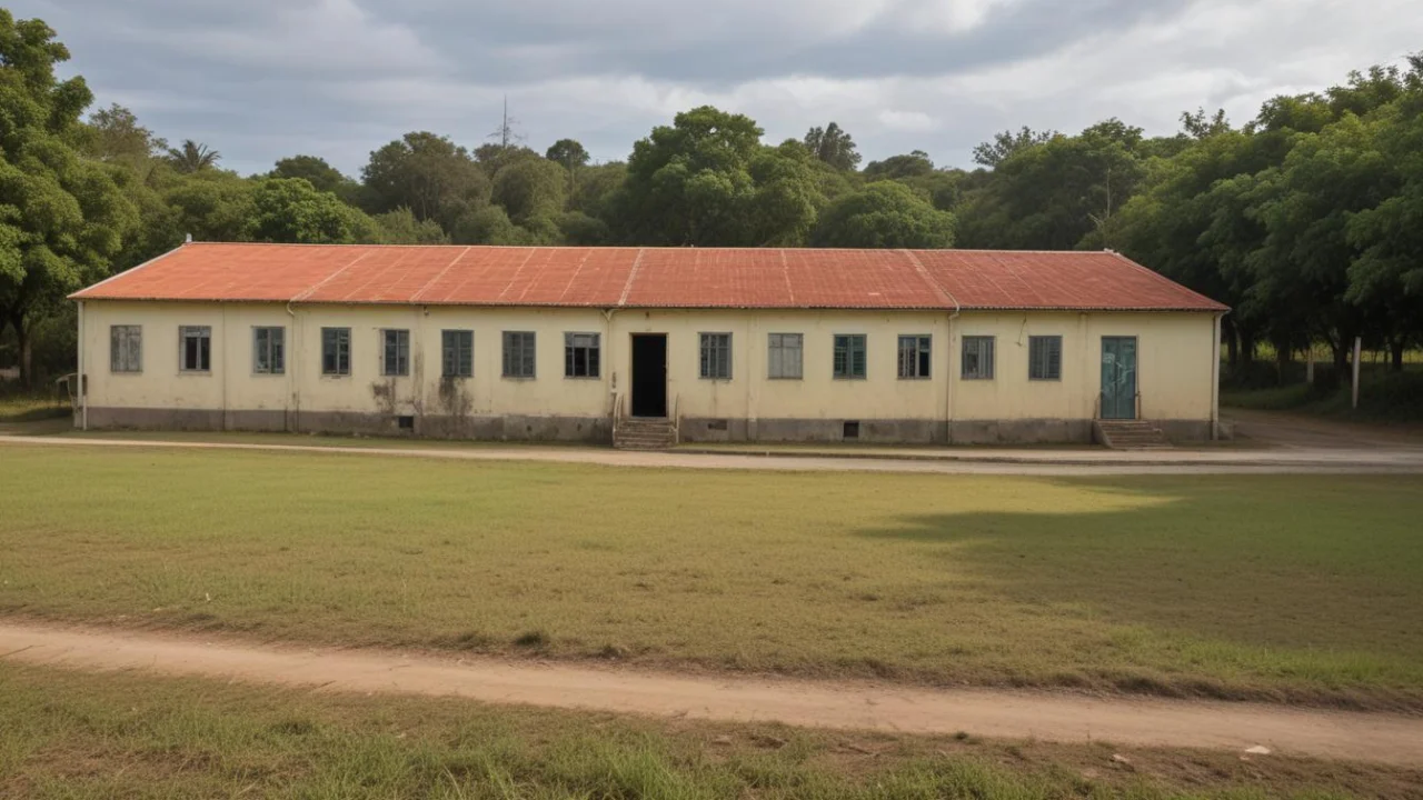 Fachada de escola municipal vazia pela manhã, com portão fechado e pátio sem pessoas