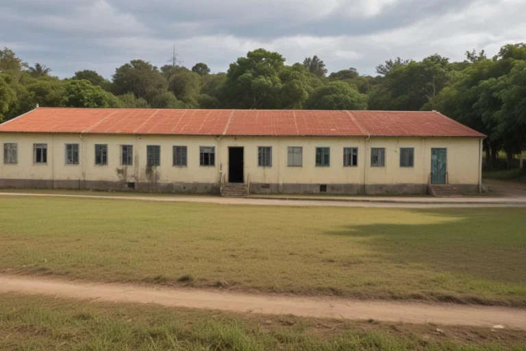 Fachada de escola municipal vazia pela manhã, com portão fechado e pátio sem pessoas