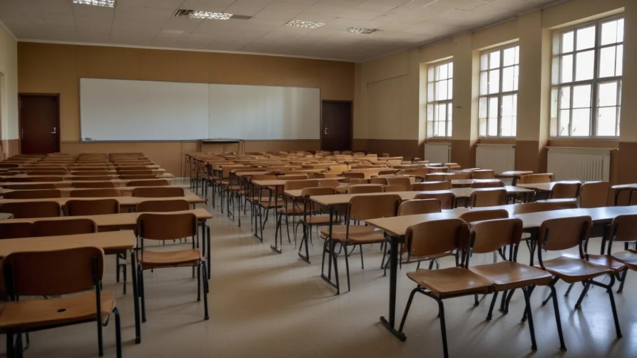Sala de aula de escola pública vazia, com carteiras enfileiradas e luz da manhã entrando pelas janelas