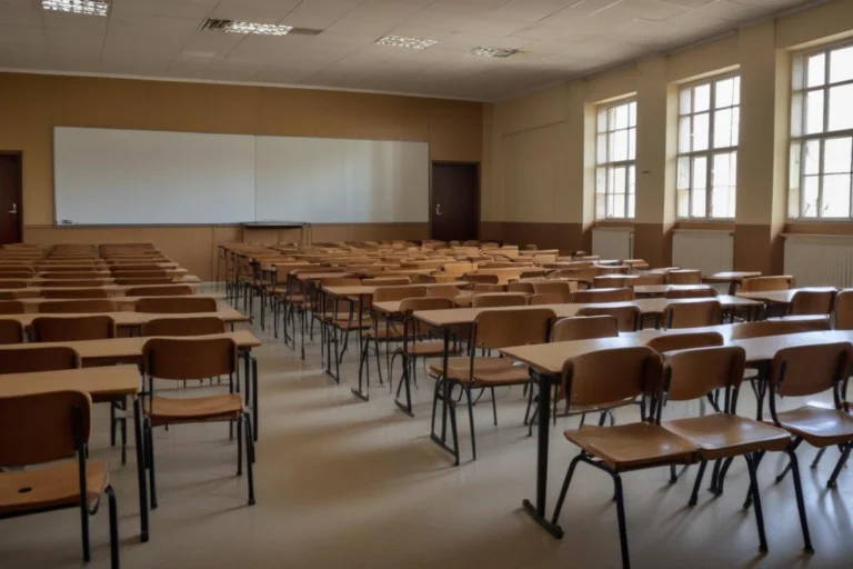 Sala de aula de escola pública vazia, com carteiras enfileiradas e luz da manhã entrando pelas janelas