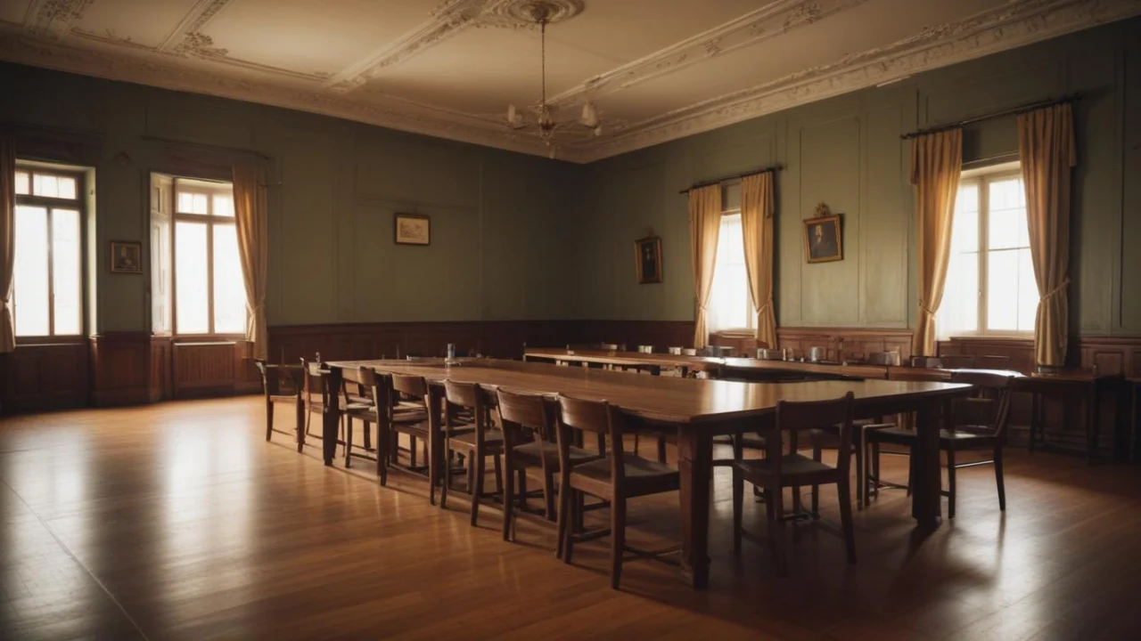 Sala de reuniões pública vazia, com mesas de madeira e cadeiras enfileiradas, iluminada pela luz natural