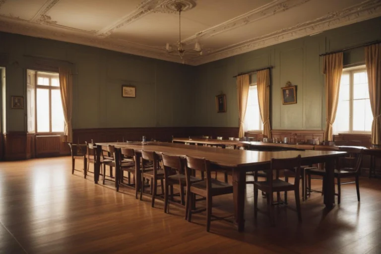 Sala de reuniões pública vazia, com mesas de madeira e cadeiras enfileiradas, iluminada pela luz natural