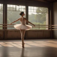 Bailarina em estúdio de dança com piso de madeira, barras de balé e janelas amplas
