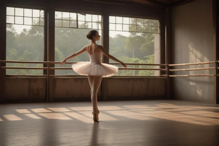 Bailarina em estúdio de dança com piso de madeira, barras de balé e janelas amplas