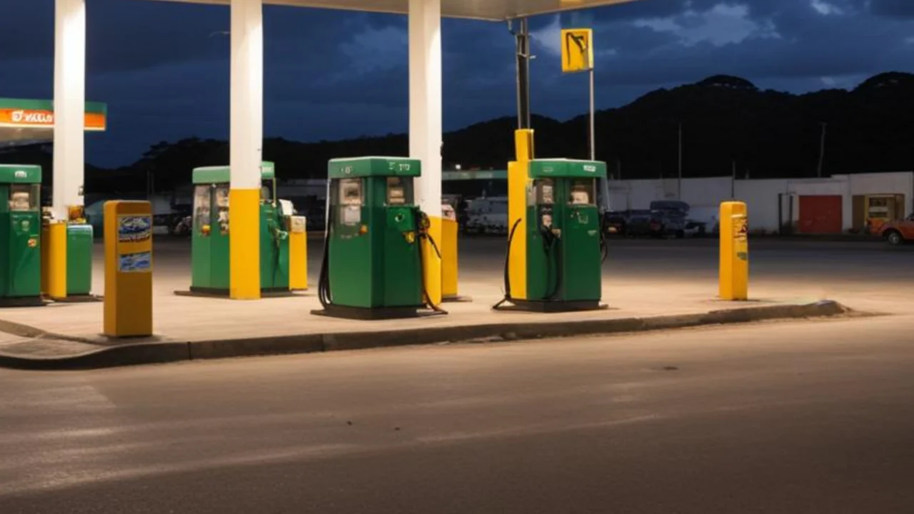 Posto de combustível ao anoitecer, com bombas alinhadas na pista de abastecimento e a cobertura iluminada