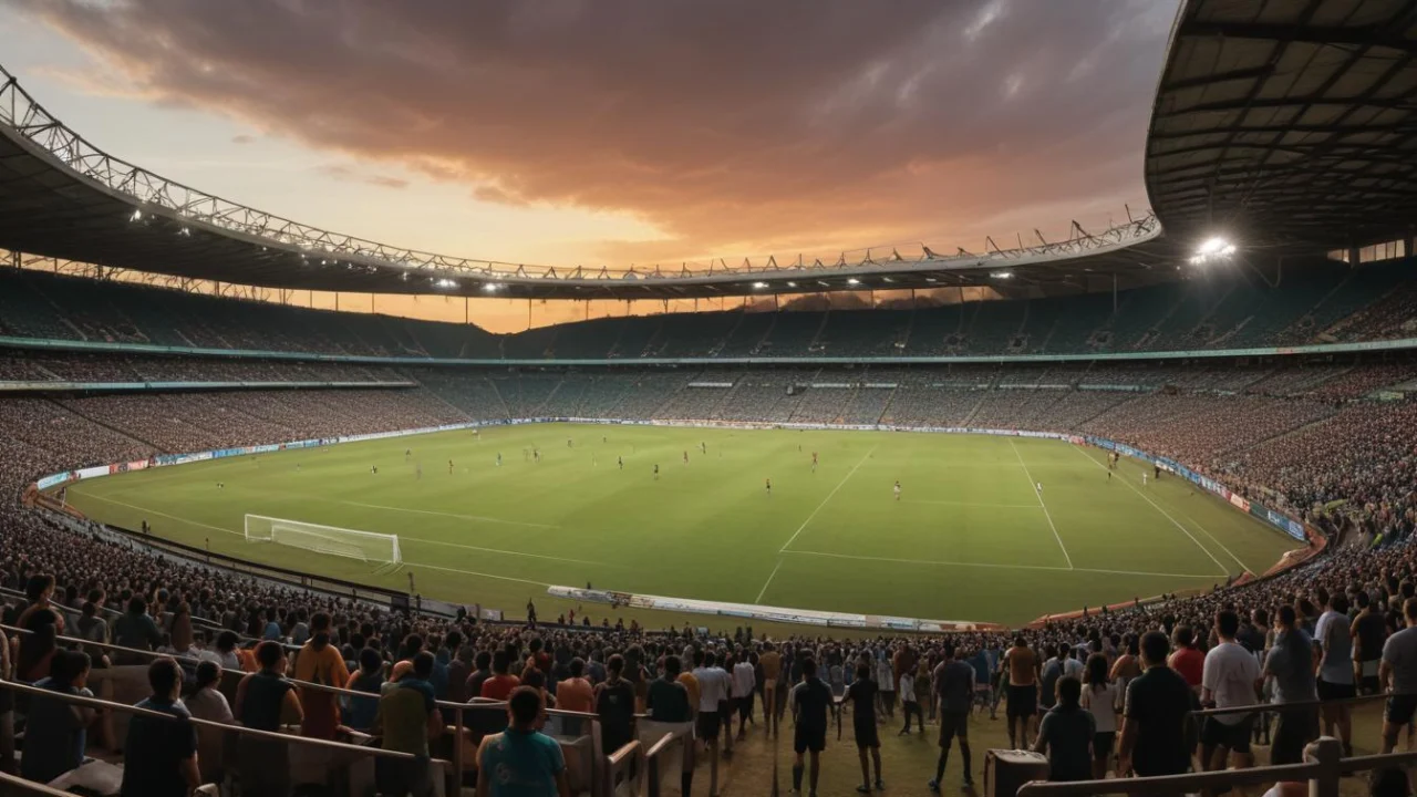 Estádio de futebol em Barueri ao entardecer, com arquibancadas vazias e refletores acesos
