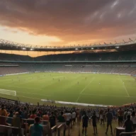 Estádio de futebol em Barueri ao entardecer, com arquibancadas vazias e refletores acesos