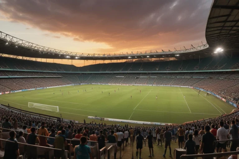 Estádio de futebol em Barueri ao entardecer, com arquibancadas vazias e refletores acesos