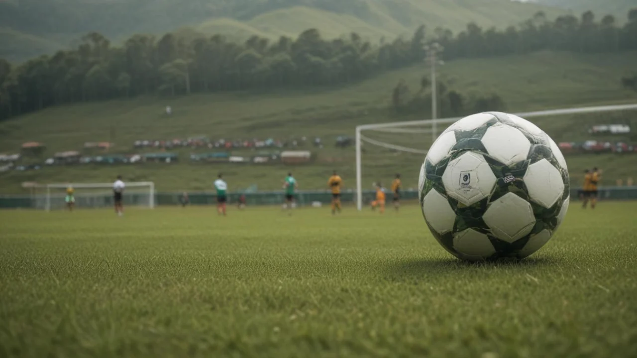 Campo de futebol vazio em Barueri, com gramado, trave e arquibancadas ao fundo sob luz natural.
