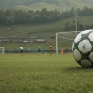 Campo de futebol vazio em Barueri, com gramado, trave e arquibancadas ao fundo sob luz natural.