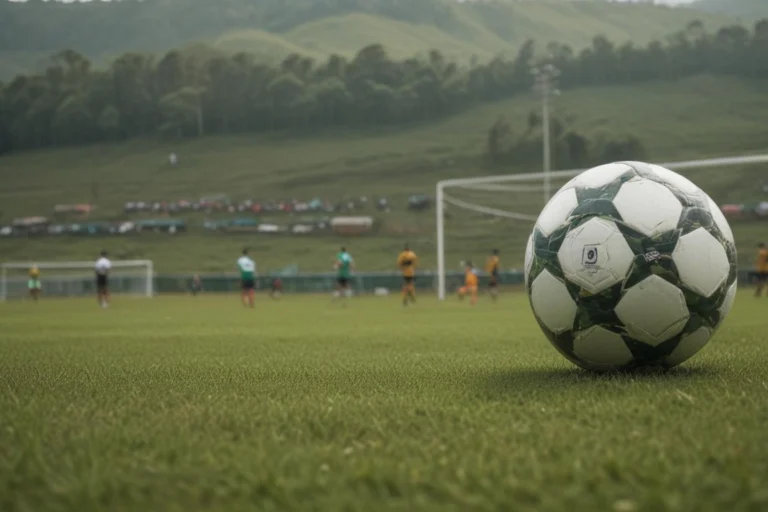 Campo de futebol vazio em Barueri, com gramado, trave e arquibancadas ao fundo sob luz natural.