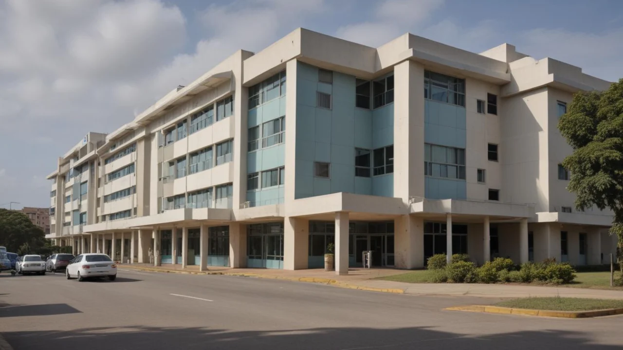 Fachada de prédio público de saúde, de linhas retas e vidros, com calçada e árvores