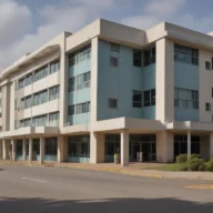 Fachada de prédio público de saúde, de linhas retas e vidros, com calçada e árvores