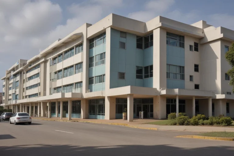 Fachada de prédio público de saúde, de linhas retas e vidros, com calçada e árvores