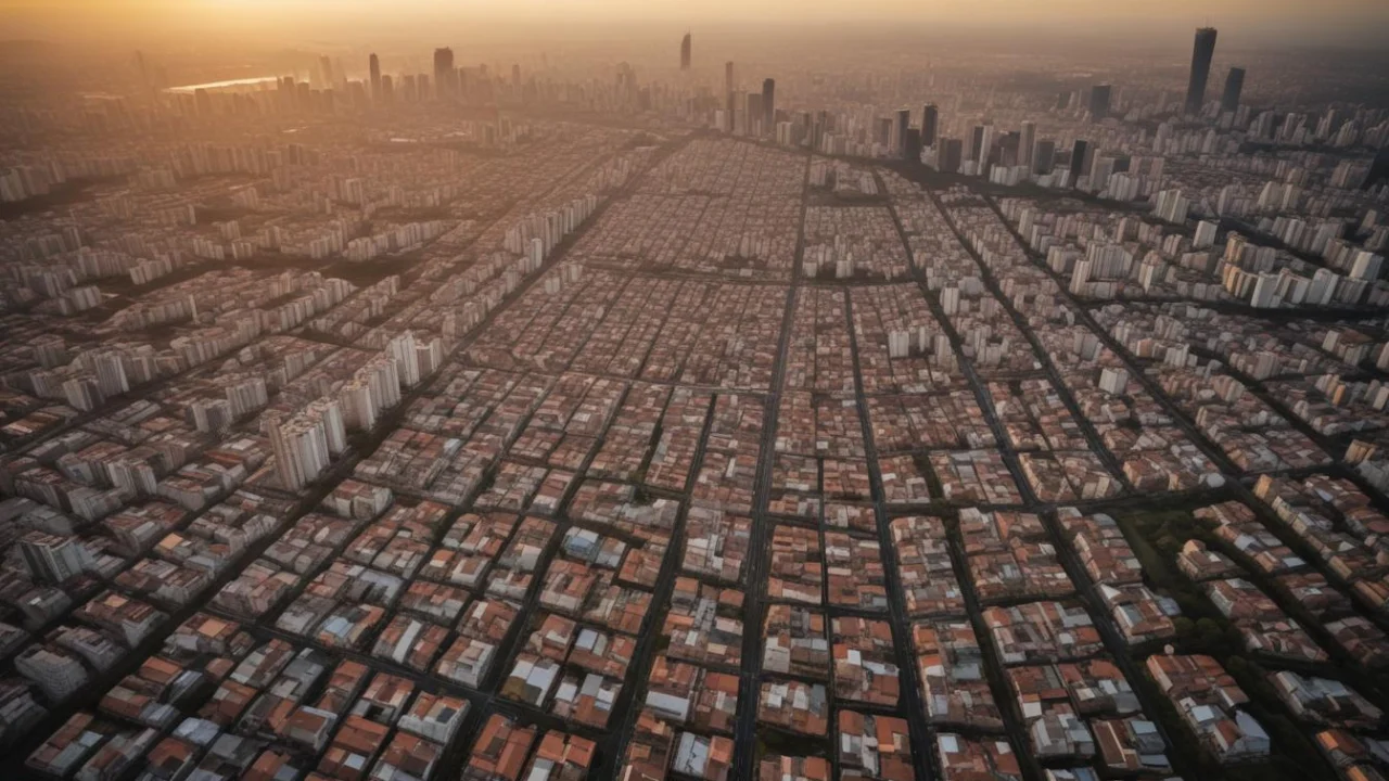 Vista aérea de cidade densa ao entardecer, com prédios e casas até o horizonte