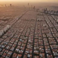 Vista aérea de cidade densa ao entardecer, com prédios e casas até o horizonte