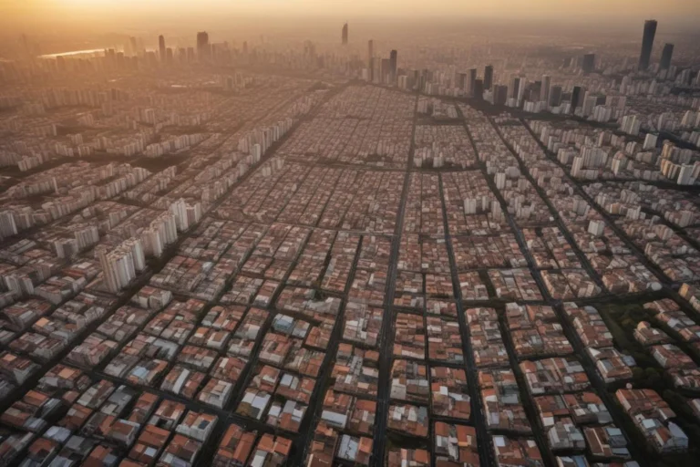 Vista aérea de cidade densa ao entardecer, com prédios e casas até o horizonte