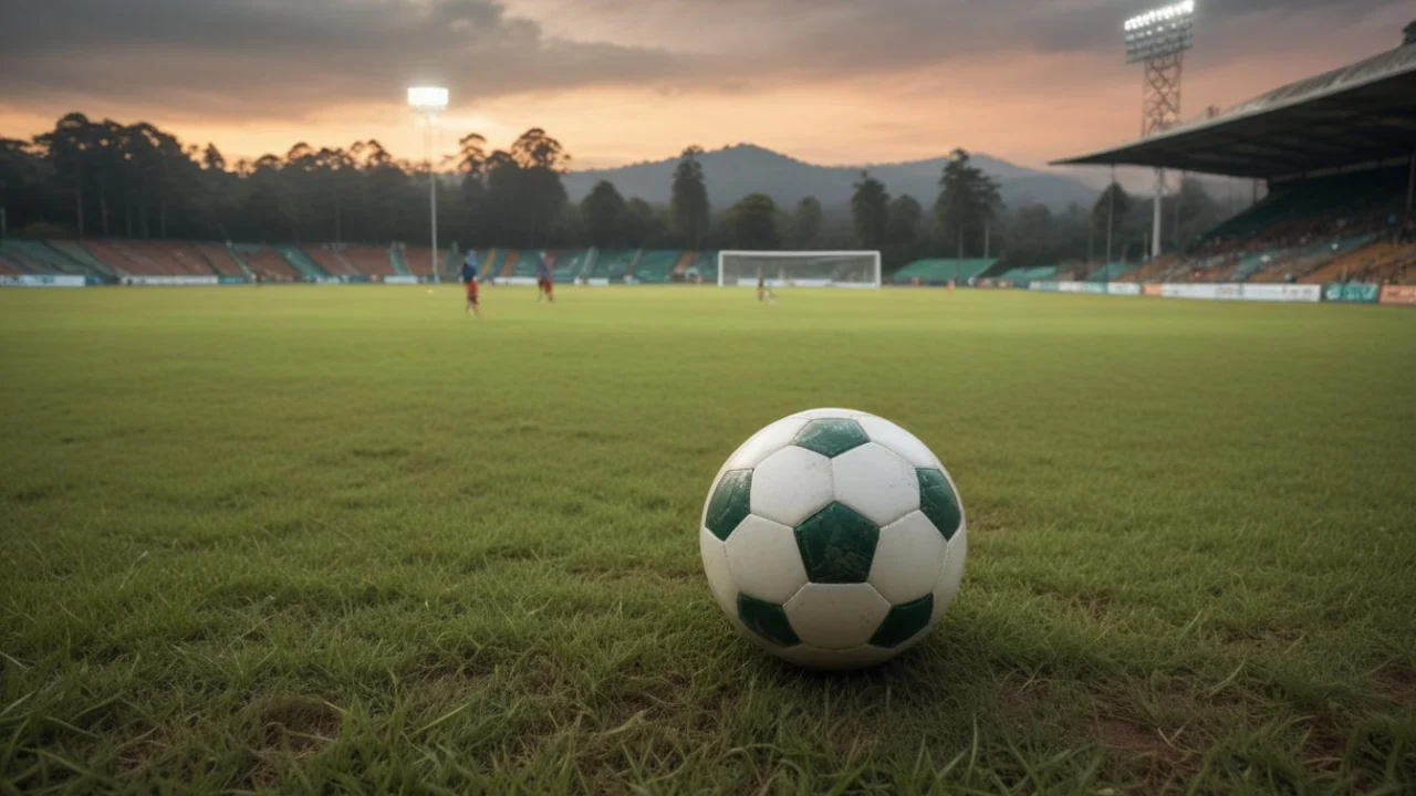 Campo de futebol em Barueri pela manhã, com bola junto à linha lateral e arquibancadas ao fundo