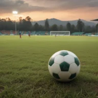 Campo de futebol em Barueri pela manhã, com bola junto à linha lateral e arquibancadas ao fundo