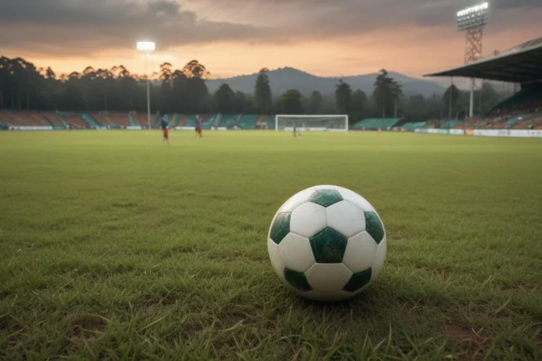 Campo de futebol em Barueri pela manhã, com bola junto à linha lateral e arquibancadas ao fundo