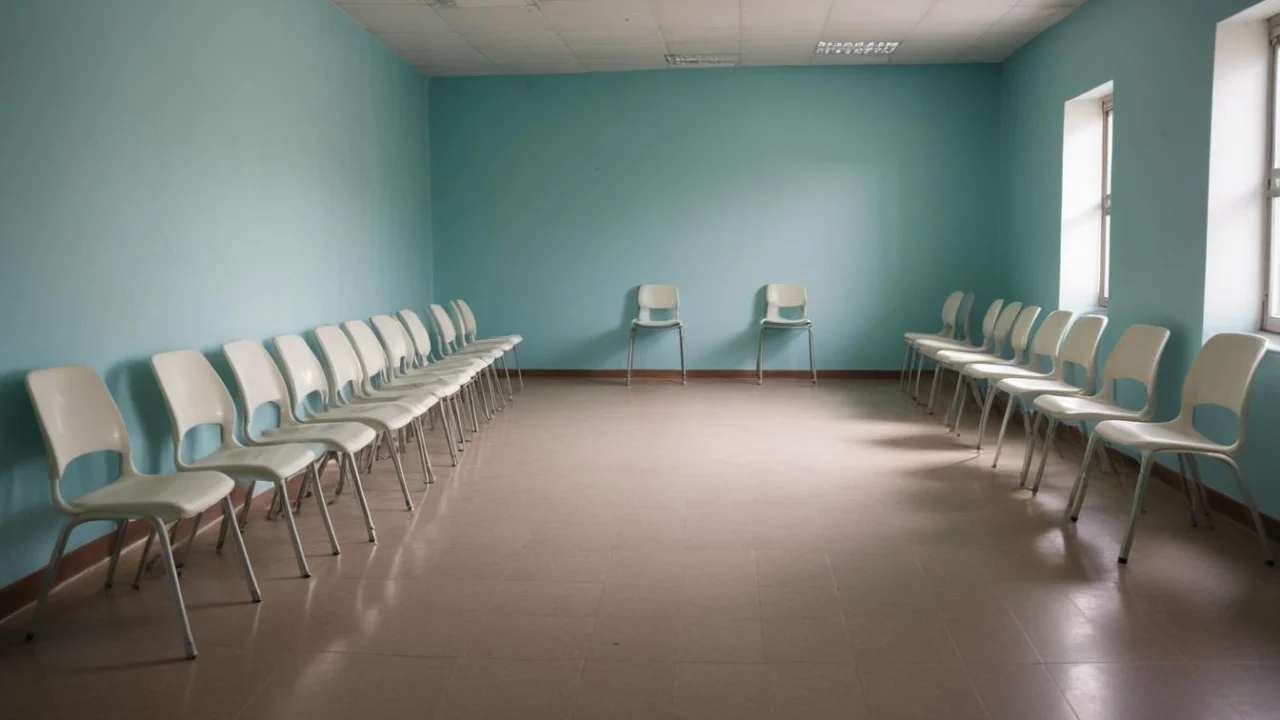 Sala de espera com cadeiras enfileiradas em unidade de saúde