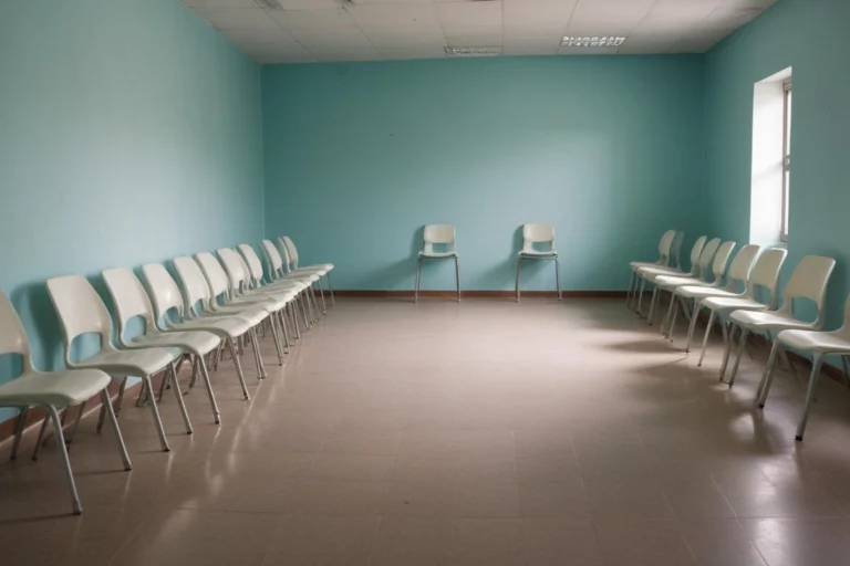 Sala de espera com cadeiras enfileiradas em unidade de saúde