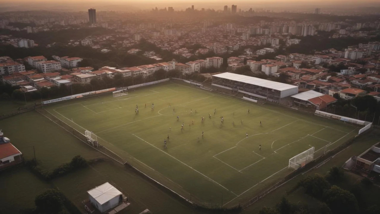 Complexo esportivo de bairro em Bragança Paulista ao amanhecer, com campo society, alambrados e quadra, sem pessoas.