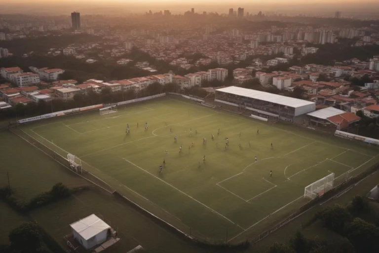 Complexo esportivo de bairro em Bragança Paulista ao amanhecer, com campo society, alambrados e quadra, sem pessoas.