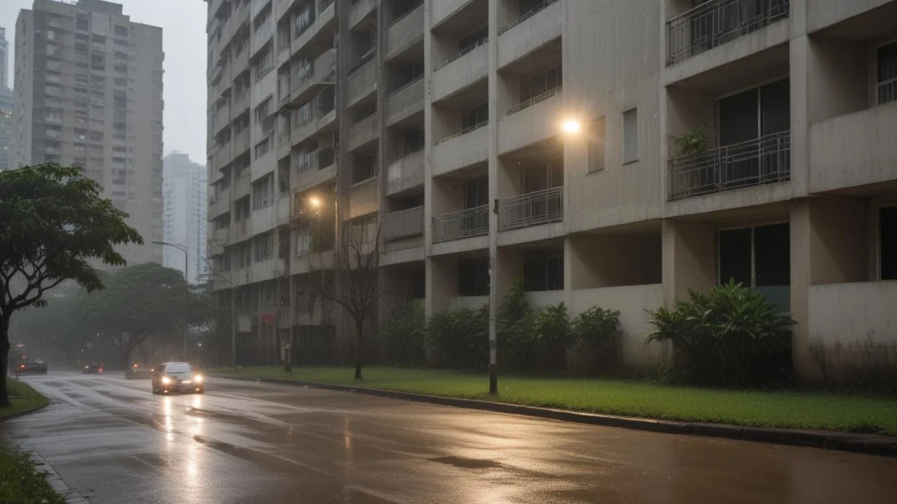 Rua residencial com pavimento molhado e árvores sob céu encoberto.