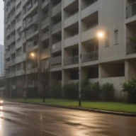 Rua residencial com pavimento molhado e árvores sob céu encoberto.