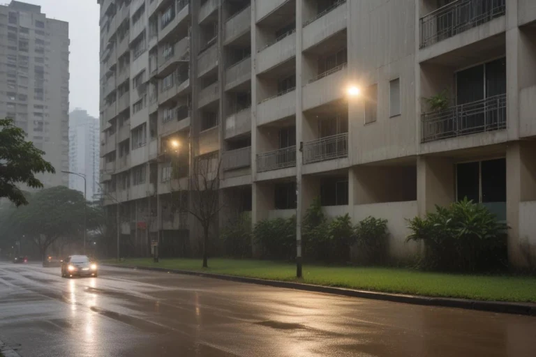 Rua residencial com pavimento molhado e árvores sob céu encoberto.