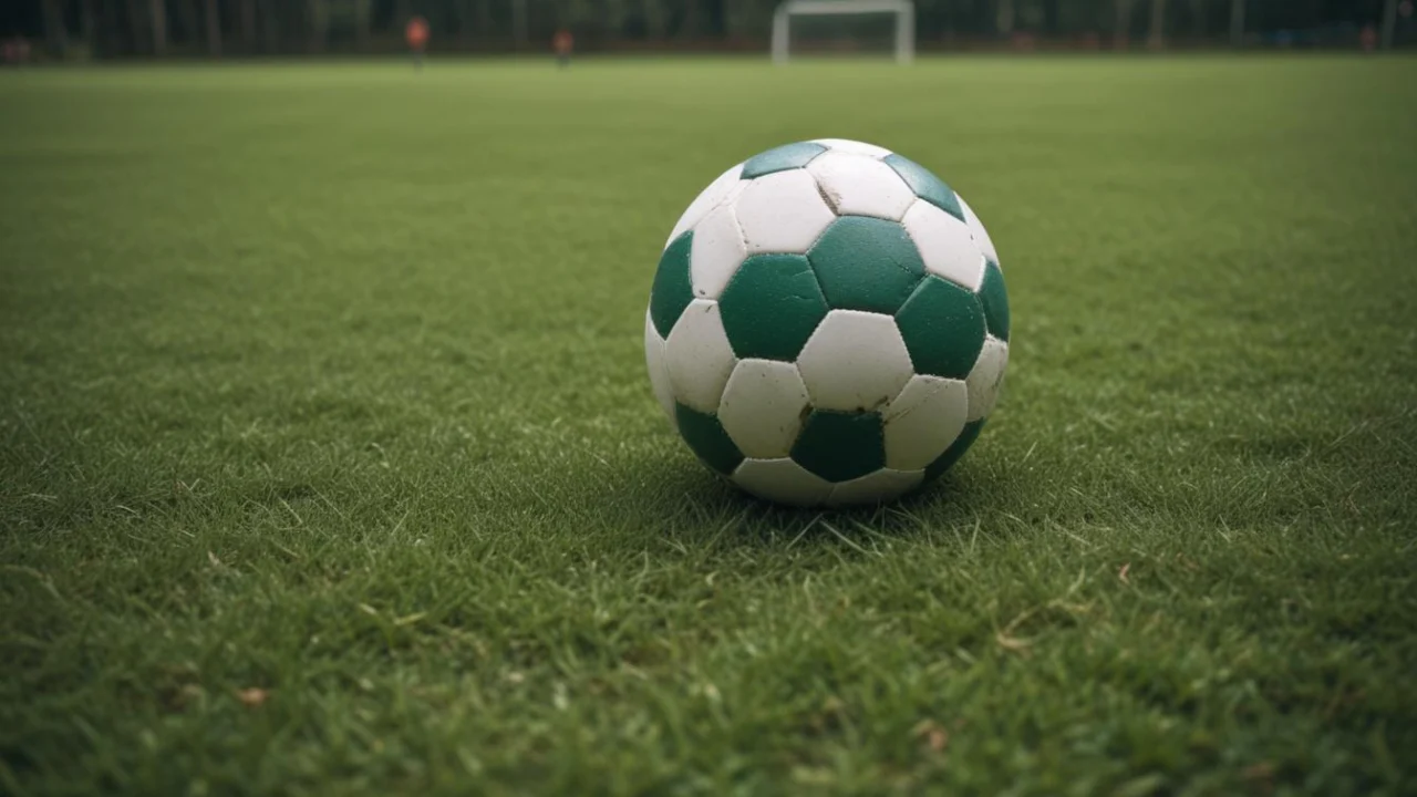 Bola de futebol sobre o gramado de um campo ao anoitecer, com a trave ao fundo