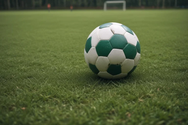 Bola de futebol sobre o gramado de um campo ao anoitecer, com a trave ao fundo
