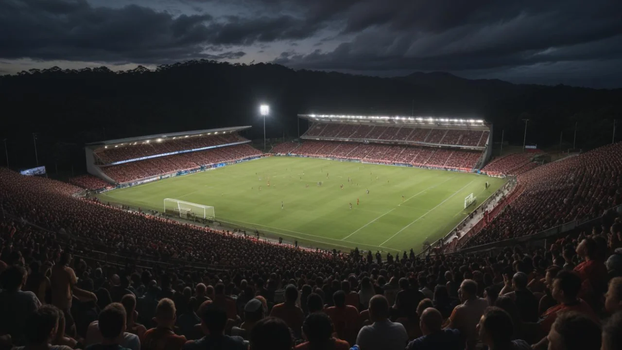Estádio de futebol iluminado à noite, com arquibancadas cheias e gramado sob refletores