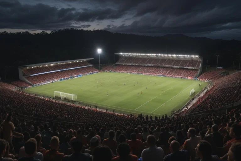 Estádio de futebol iluminado à noite, com arquibancadas cheias e gramado sob refletores