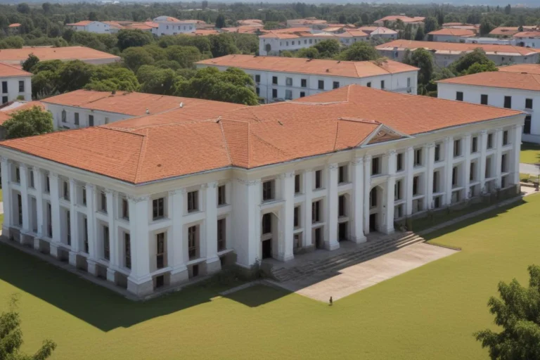 Fachada de prédio público municipal com colunas brancas e escadaria, vista da calçada