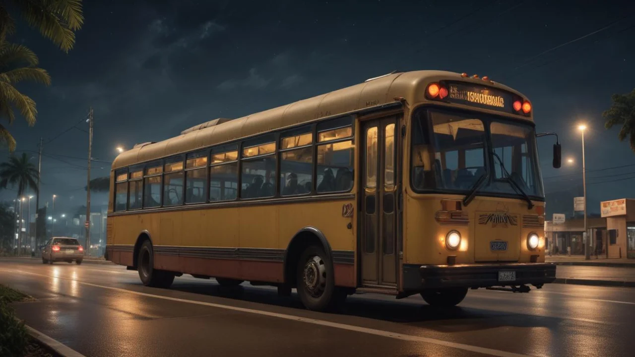 Ônibus com bagageiro aberto, mala cinza e cão farejador durante fiscalização noturna em rodovia na região de Caçapava.