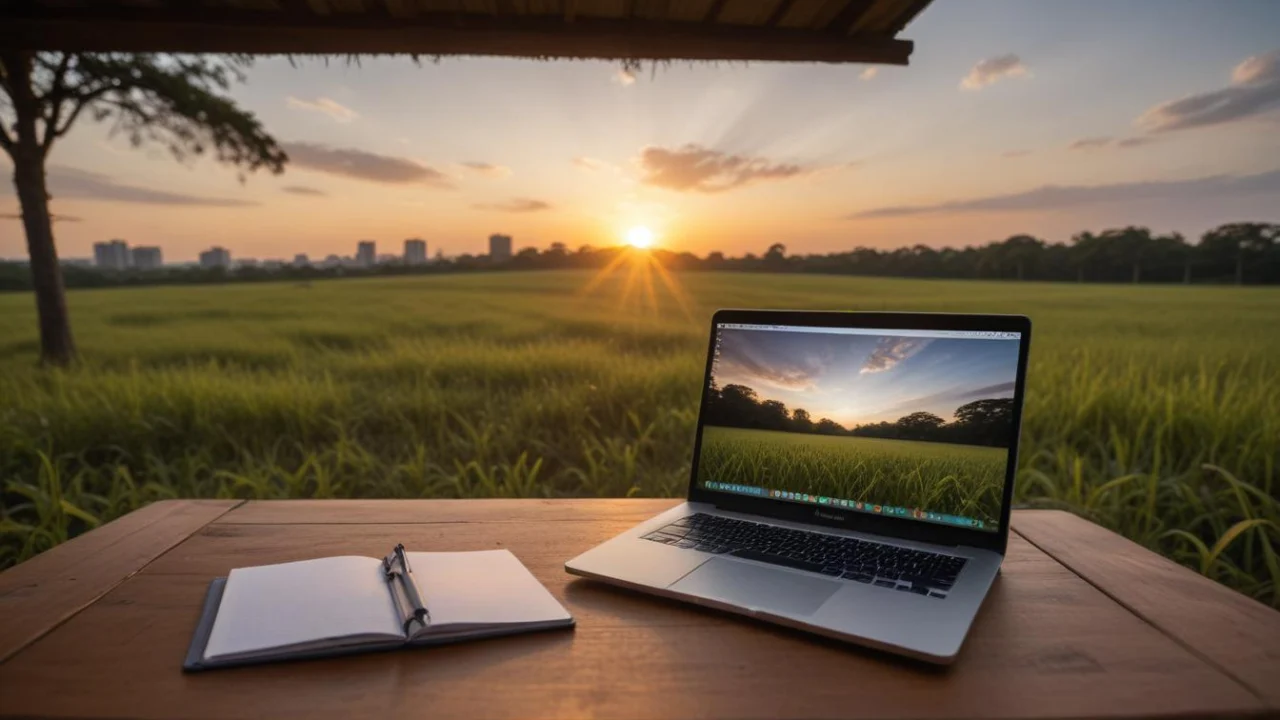 Notebook com tela desfocada e esferas sobre uma mesa doméstica iluminada pela luz do entardecer.