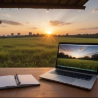 Notebook com tela desfocada e esferas sobre uma mesa doméstica iluminada pela luz do entardecer.